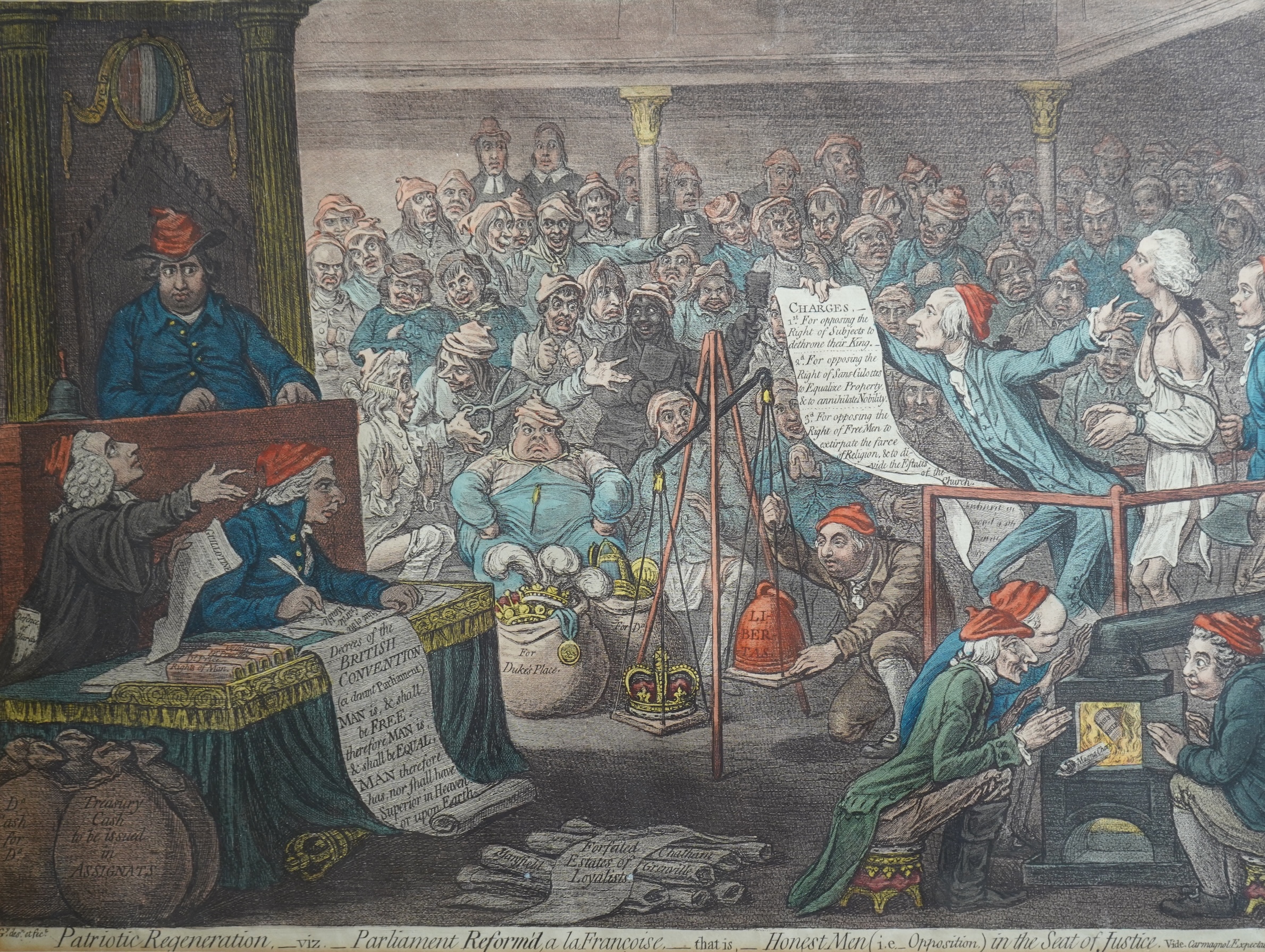 After James Gillray, 1756-1815, 'The Death of the Great Wolf' and 'Patriotic Regeneration -viz- Parliament Reform'd a la Francoise - that is - Honest Men'